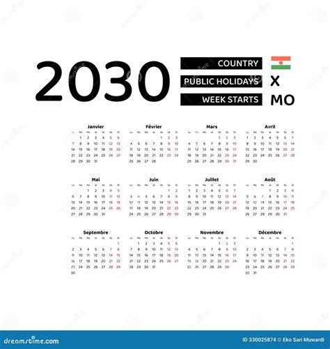 Calendar 2030 French Language with Niger Public Holidays. Week Starts