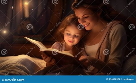 Bedtime Stories Young Mother Reading To Her Daughter In Bed