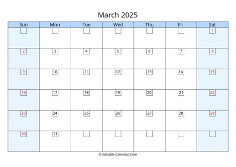 Download Editable 2025 Calendar March Weeks Start On Sunday