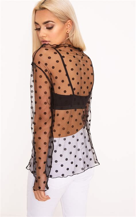 Black Sheer Mesh Polka Dot Top Tops Prettylittlething Usa