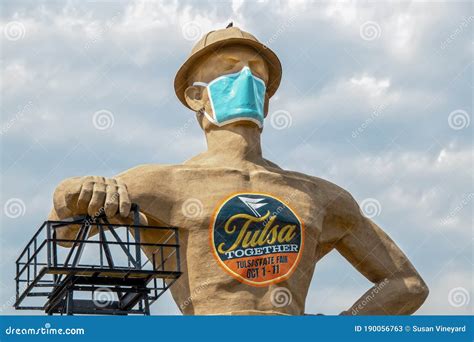 Iconic Golden Driller Giant Statue Near Route 66 In Oklahoma Wearing