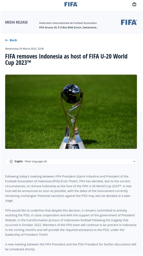 Fifa Resmi Membatalkan Indonesia Sebagai Tuan Rumah Piala Dunia U