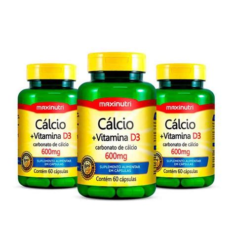 Kit 03 Cálcio Vitamina D3 Maxinutri 600mg 60 Cápsulas Cálcio