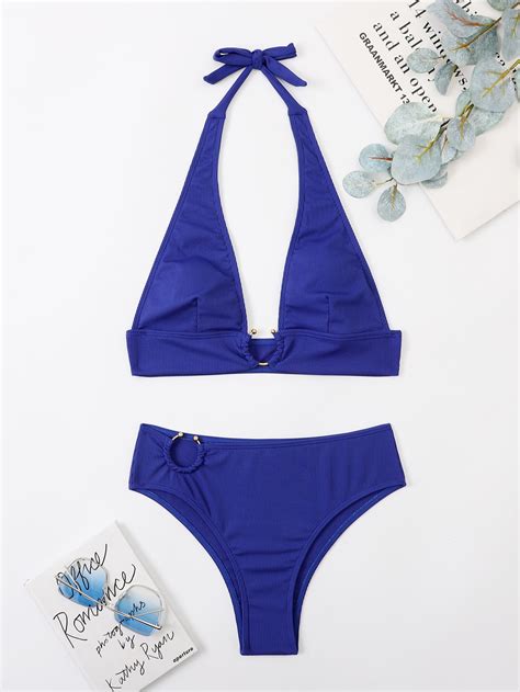 Plain Rib Ring Linked Bikini Swimsuit SHEIN UK