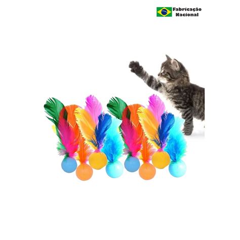 Kit Brinquedo Para Gato Bola Ping Pong Pena Peninha Pluminha