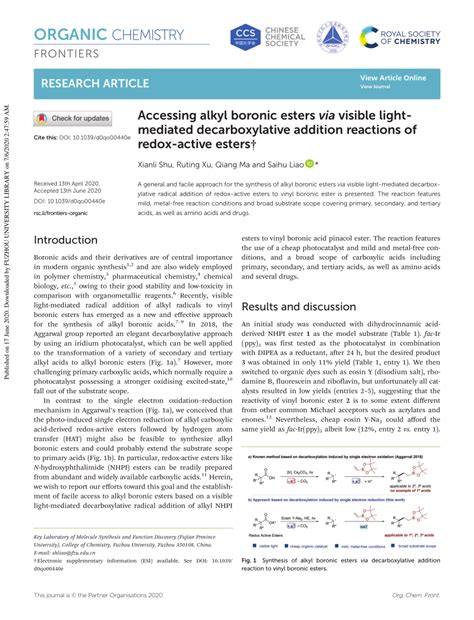 Pdf Accessing Alkyl Boronic Esters Via Visible Light Mediated