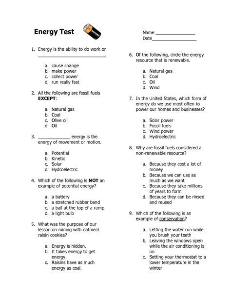 Grade 5 Science Energy Worksheets