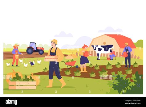 Farmers Working On Farm Field Flat Vector Illustration Stock Vector