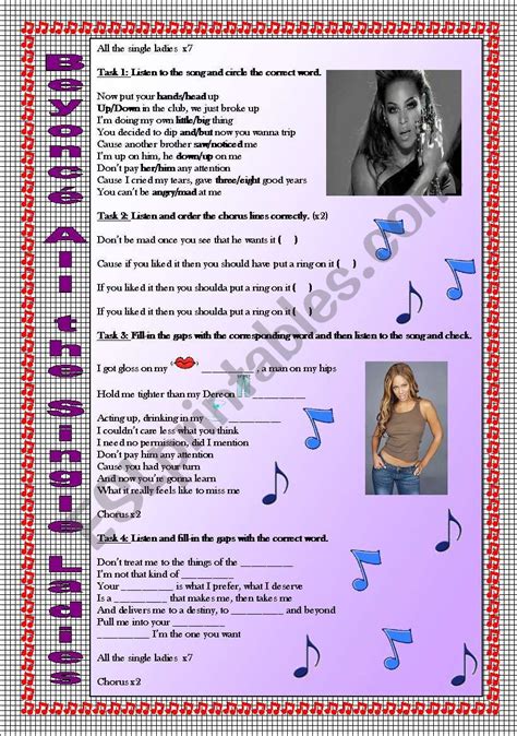 Beyoncé All the Single Ladies song-based activity - ESL worksheet by ...