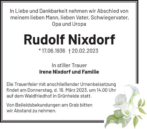 Traueranzeigen von Rudolf Nixdorf Märkische Onlinezeitung Trauerportal