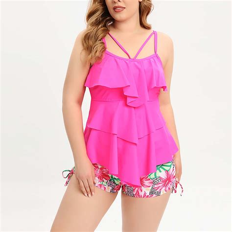 Tponi Cute Swimsuit For Women Two Piece Sets Elastic Hot Pink Plus Size