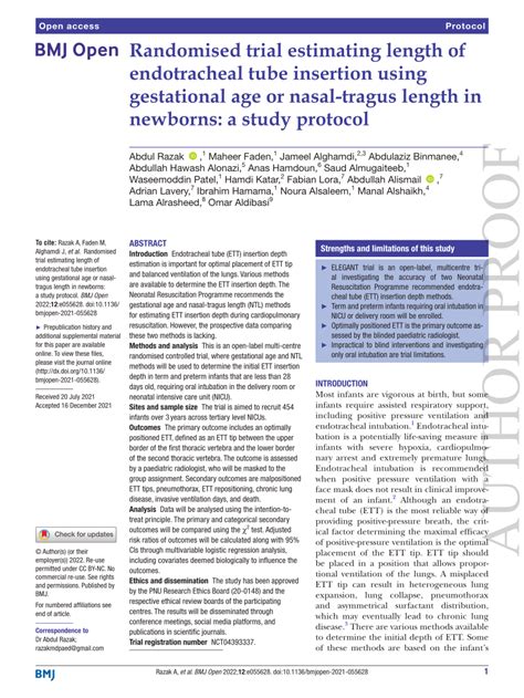 Pdf Randomised Trial Estimating Length Of Endotracheal Tube Insertion Using Gestational Age Or