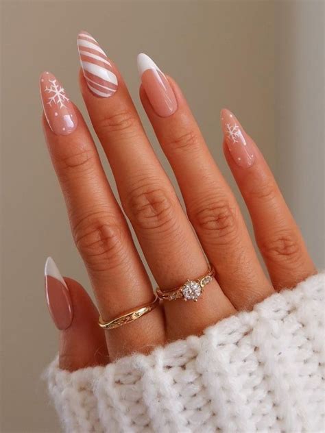 White French Tips With Stripes And Snowflake Cute Christmas Nails