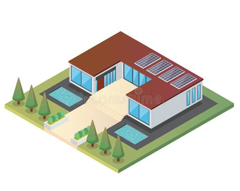 Modern Luxury Isometric Green Eco Friendly House With Solar Panel Stock