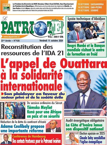 Titrologie De Le Patriote N7426 Du Vendredi 11 Octobre 2024 Abidjan