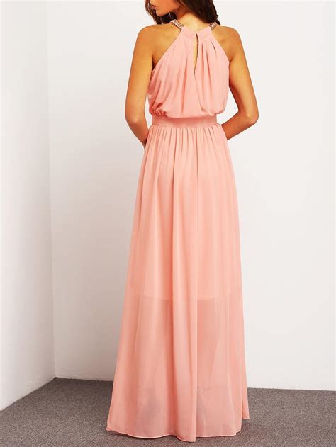 Pink Sleeveless Halter Maxi Dressfor Women Romwe