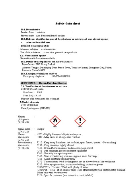 Msds For Anti Bacterial Hand Sanitizer 62 Alcohol Pdf Toxicity