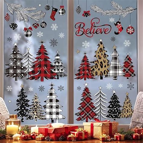 Decalmile Christmas Tree Window Clings Reusable Red Black White Plaid