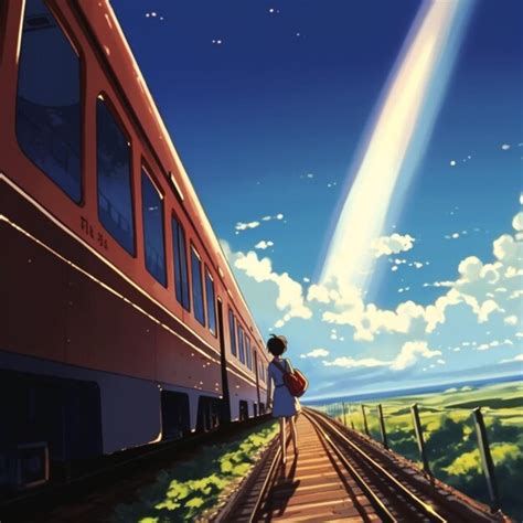 Premium Photo | Anime scene of a woman walking on a train track with a ...