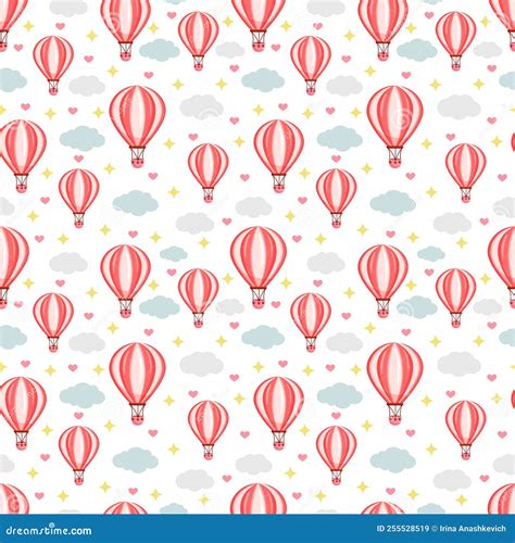 Seamless Pattern With Pink Hot Air Balloon Flying In The Sky Between The Clouds Vector Texture