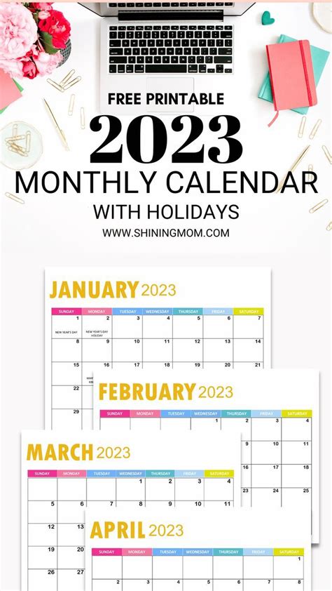 Free Printable 2023 Monthly Calendar with Holidays | So Pretty! in 2023 ...