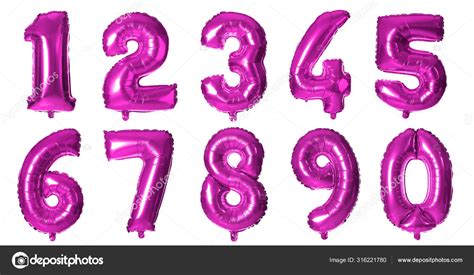 Set With Purple Foil Balloons In Shape Of Numbers On White Background