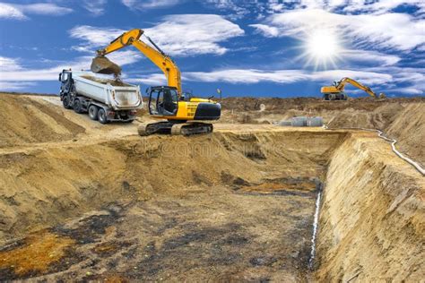 Excavator Is Digging At Construction Site Stock Image Image Of