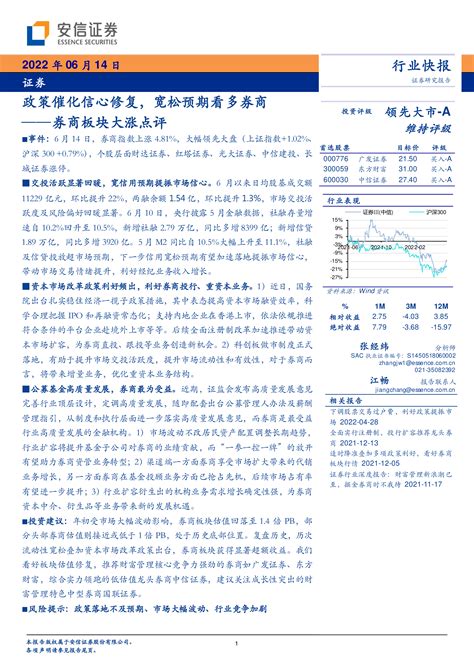 券商板块大涨点评：政策催化信心修复，宽松预期看多券商 洞见研报 行业报告