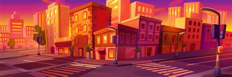 City Crossroad At Sunset Time Empty Intersection Vector Art