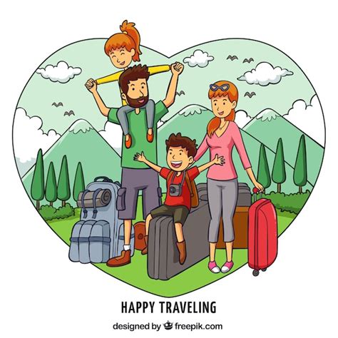 Familia Feliz Viajando En Estilo Hecho A Mano Vector Gratis