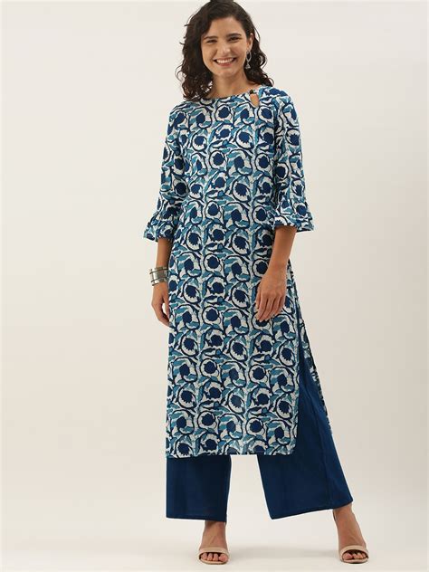 Buy Anouk Women Blue Floral Printed Pure Cotton Kurta With Palazzos