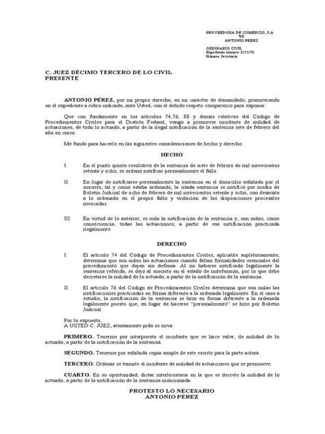 Modelo De Escrito Por Lo Que Se Promueve Incidente De Nulidad De