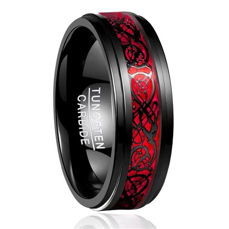 Mens 8mm Black Red Wedding Band Celtic Dragon Tungsten Rings Opal Paper Inlay Step Edges