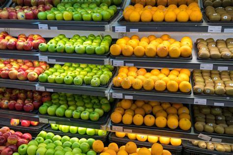 Fresh Healthy Fruits On Shelves In Supermarket Stock Photo Image Of