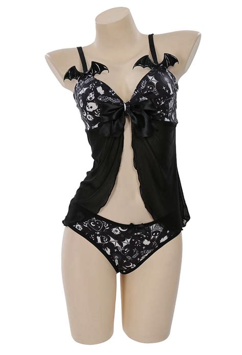 Gothic Print Lingerie Set Gothic Lingerie Outfit Sleepwear Lace V Neck Strap Lingerie In Stock