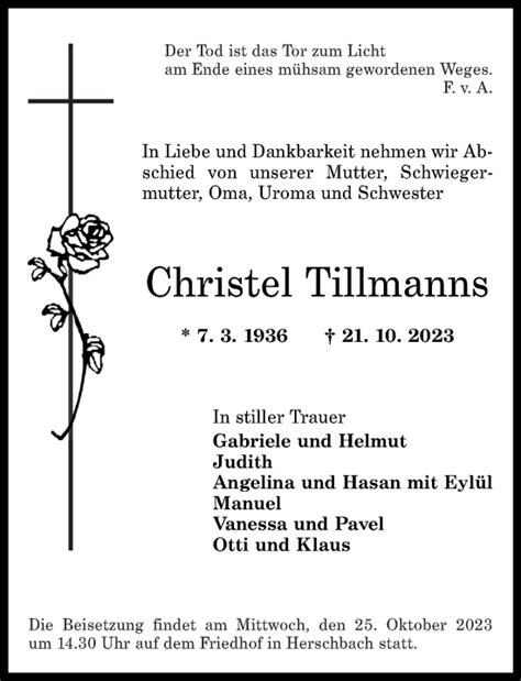 Traueranzeigen Von Christel Tillmanns Rz Trauer De