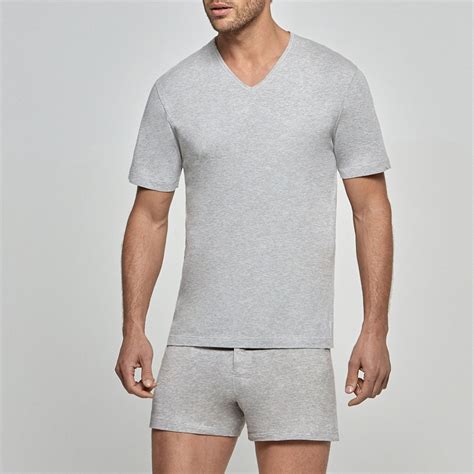 T Shirt Homme Col V Pur Coton Essentials Gris Par Impetus