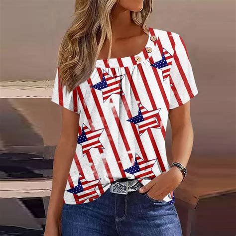 Lttvqm July 4th Womens Tops Button Decoration Pleated Square Neck Short Sleeve Plus Size Tunic