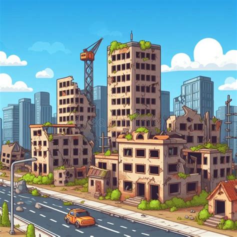 Free Post Apocalypse City Cartoon With Empty Destroyed Living Buildings