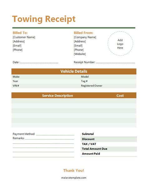 Free Printable Towing Receipt Template