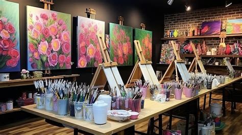 Premium Photo | A table with paintings and a painting of flowers