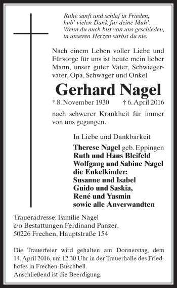 Traueranzeigen Von Gerhard Nagel Wirtrauern