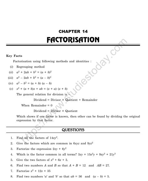 Cbse Class 8 Mental Maths Factorisation Worksheet