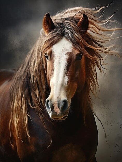 Un caballo marrón y blanco con una franja blanca en la cara Foto Premium