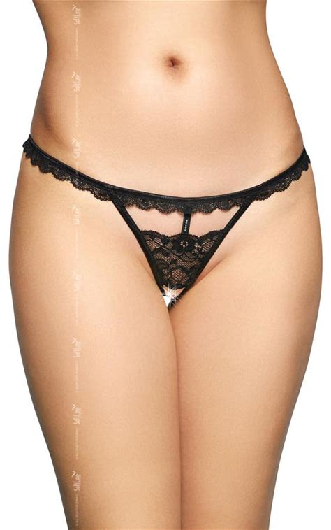 Perizoma Aperto Nero In Pizzo Con Strass Milena Lingerie