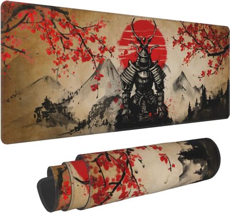 Japanese Cherry Blossom Samurai Cool Anime Red Sun Black Mouse Pad Xl