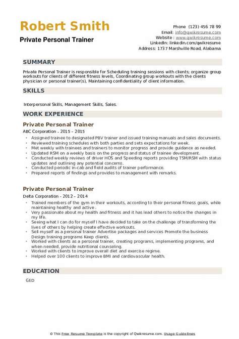 Private Personal Trainer Resume Samples Qwikresume