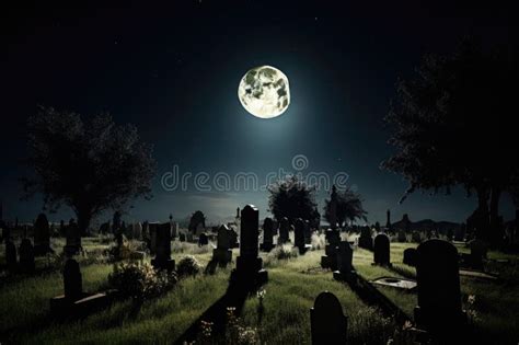 Cementerio Por La Noche Con Luna Llena Brillando En Las Tumbas Y Las