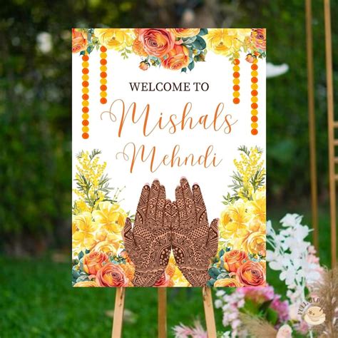 Mehndi Welcome Sign Yellow And Orange Floral Mehndi Welcome Sign