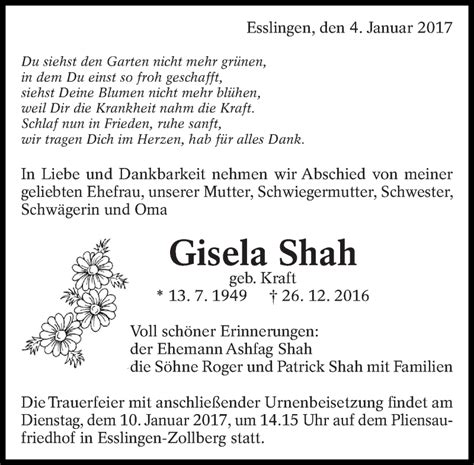 Traueranzeigen Von Gisela Shah Zeit Des Gedenkens De